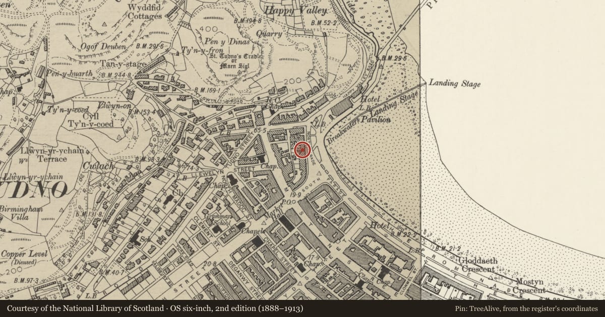 Ordnance Survey six-inch map, 2nd edition (1888–1913) covering the location of St Tudno Hotel, Llandudno, Conwy, with a pin at the register's coordinates