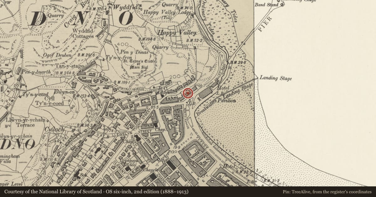 Ordnance Survey six-inch map, 2nd edition (1888–1913) covering the location of Elms Hotel, Llandudno, Conwy, with a pin at the register's coordinates