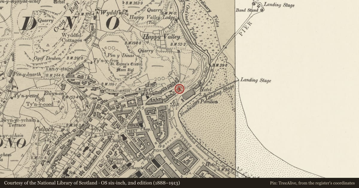 Ordnance Survey six-inch map, 2nd edition (1888–1913) covering the location of Waverley Hotel, Llandudno, Conwy, with a pin at the register's coordinates