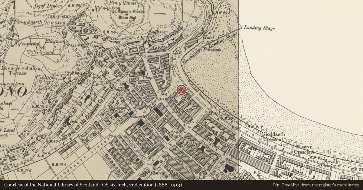 Ordnance Survey six-inch map, 2nd edition (1888–1913) covering the location of 8 South Parade, Llandudno, Conwy, with a pin at the register's coordinates