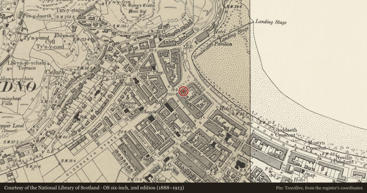 Ordnance Survey six-inch map, 2nd edition (1888–1913) covering the location of Wilton Hotel, Llandudno, Conwy, with a pin at the register's coordinates
