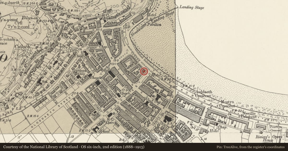 Ordnance Survey six-inch map, 2nd edition (1888–1913) covering the location of Ambassador Hotel, Glan-y-Mor Parade, Llandudno, Conwy, with a pin at the register's coordinates
