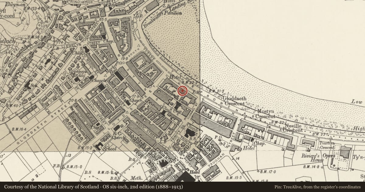 Ordnance Survey six-inch map, 2nd edition (1888–1913) covering the location of Wavecrest Hotel, St George's Crescent, Llandudno, Conwy, with a pin at the register's coordinates