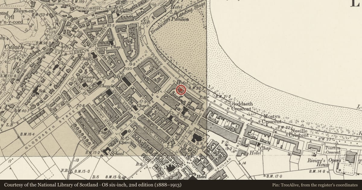 Ordnance Survey six-inch map, 2nd edition (1888–1913) covering the location of Elsinore Hotel, St George's Crescent, Llandudno, Conwy, with a pin at the register's coordinates