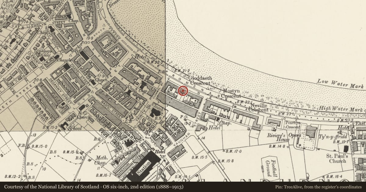 Ordnance Survey six-inch map, 2nd edition (1888–1913) covering the location of Toronto Hotel, 10 Gloddaeth Crescent, Llandudno, Conwy, with a pin at the register's coordinates