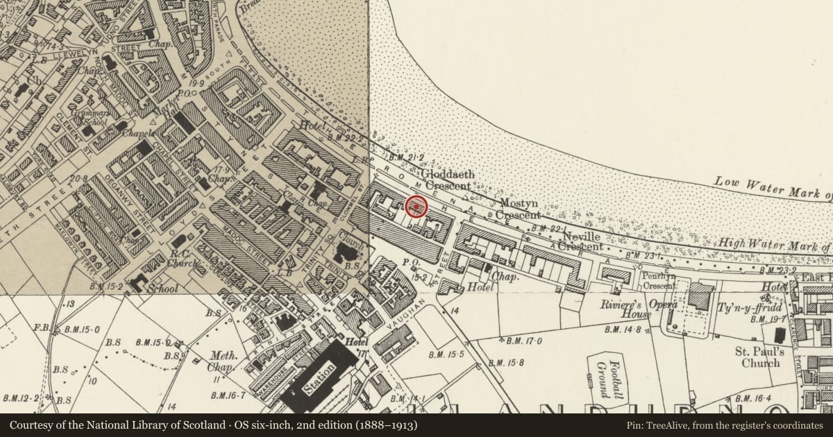 Ordnance Survey six-inch map, 2nd edition (1888–1913) covering the location of Tyndale Hotel, 11-13 Gloddaeth Crescent, Llandudno, Conwy, with a pin at the register's coordinates
