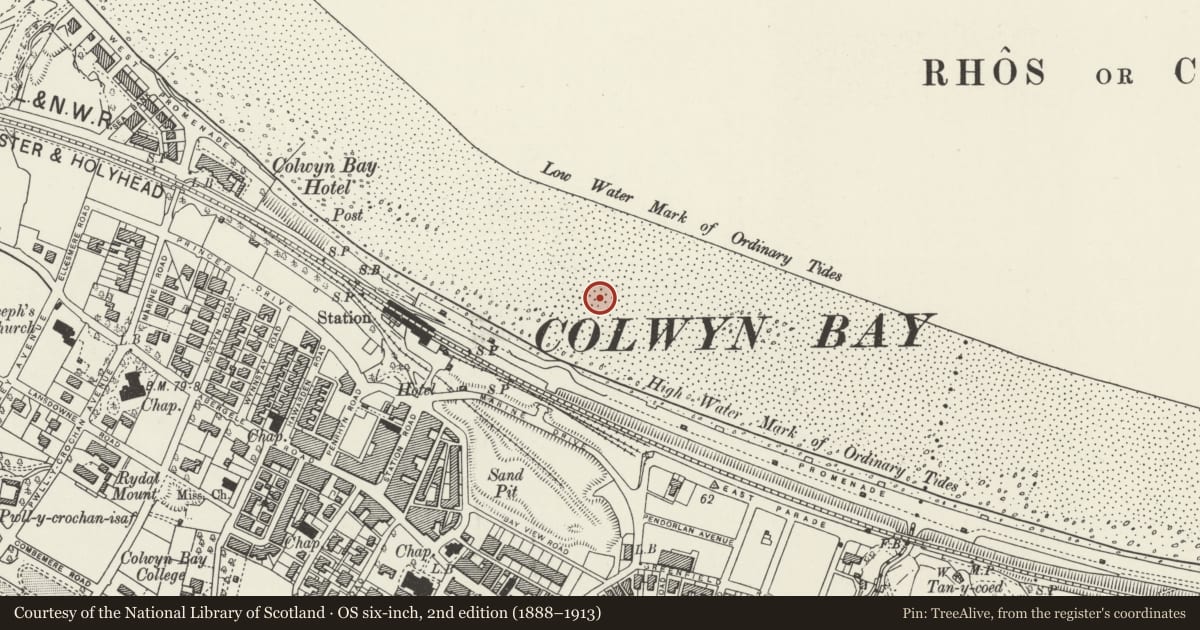 Ordnance Survey six-inch map, 2nd edition (1888–1913) covering the location of Victoria Pier, Colwyn Bay, Conwy, with a pin at the register's coordinates