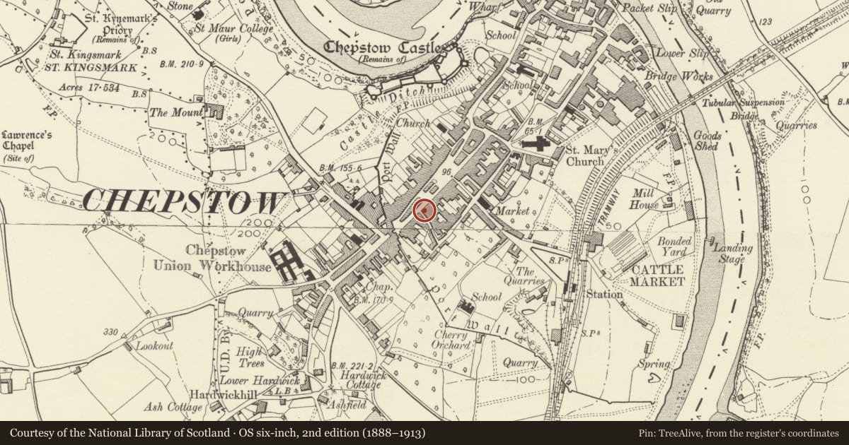 Ordnance Survey six-inch map, 2nd edition (1888–1913) covering the location of 13 High Street, Chepstow, Monmouthshire, with a pin at the register's coordinates