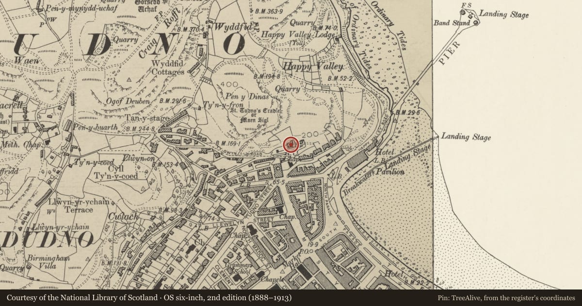 Ordnance Survey six-inch map, 2nd edition (1888–1913) covering the location of Ardwy Orme, Llandudno, Conwy, with a pin at the register's coordinates