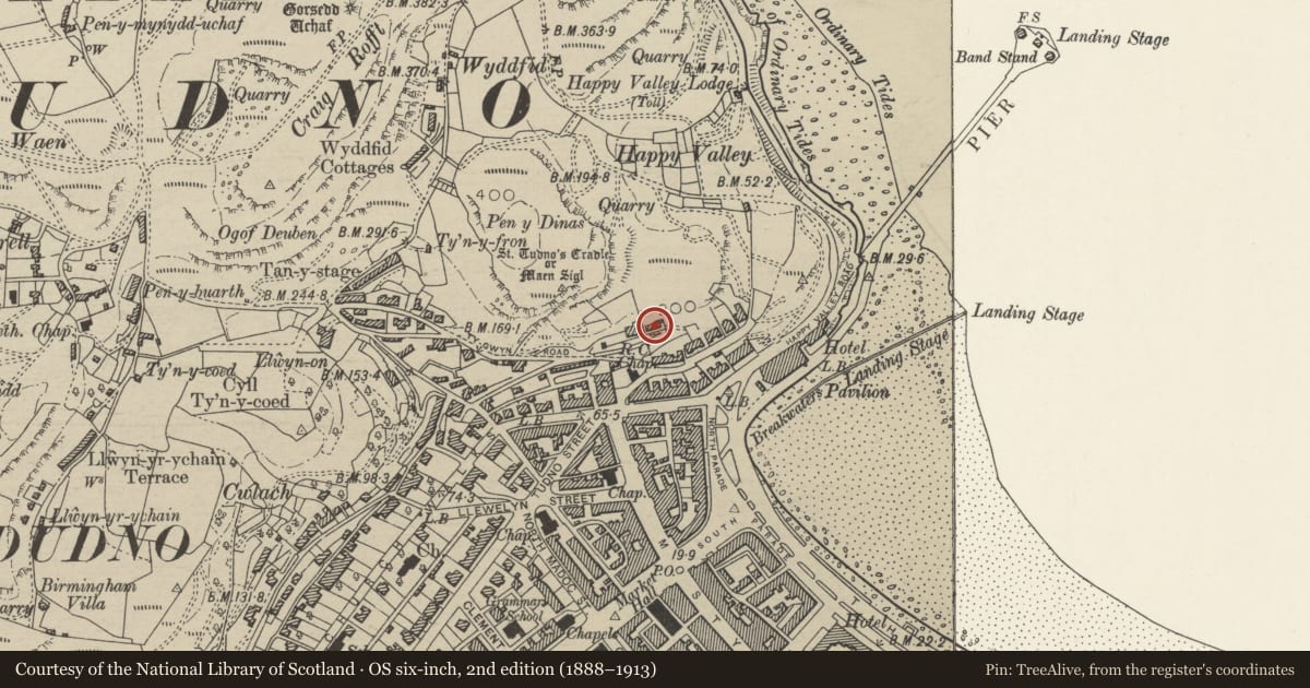 Ordnance Survey six-inch map, 2nd edition (1888–1913) covering the location of Glain Orme, Llandudno, Conwy, with a pin at the register's coordinates