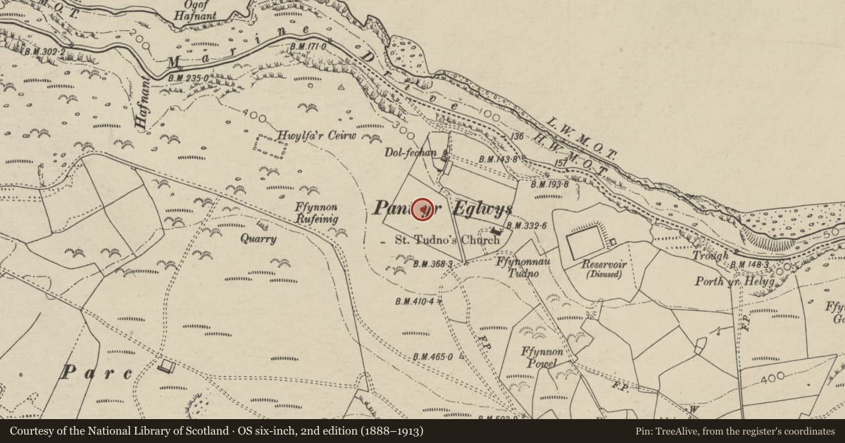 Ordnance Survey six-inch map, 2nd edition (1888–1913) covering the location of Cemetery Chapel, Llandudno, Conwy, with a pin at the register's coordinates