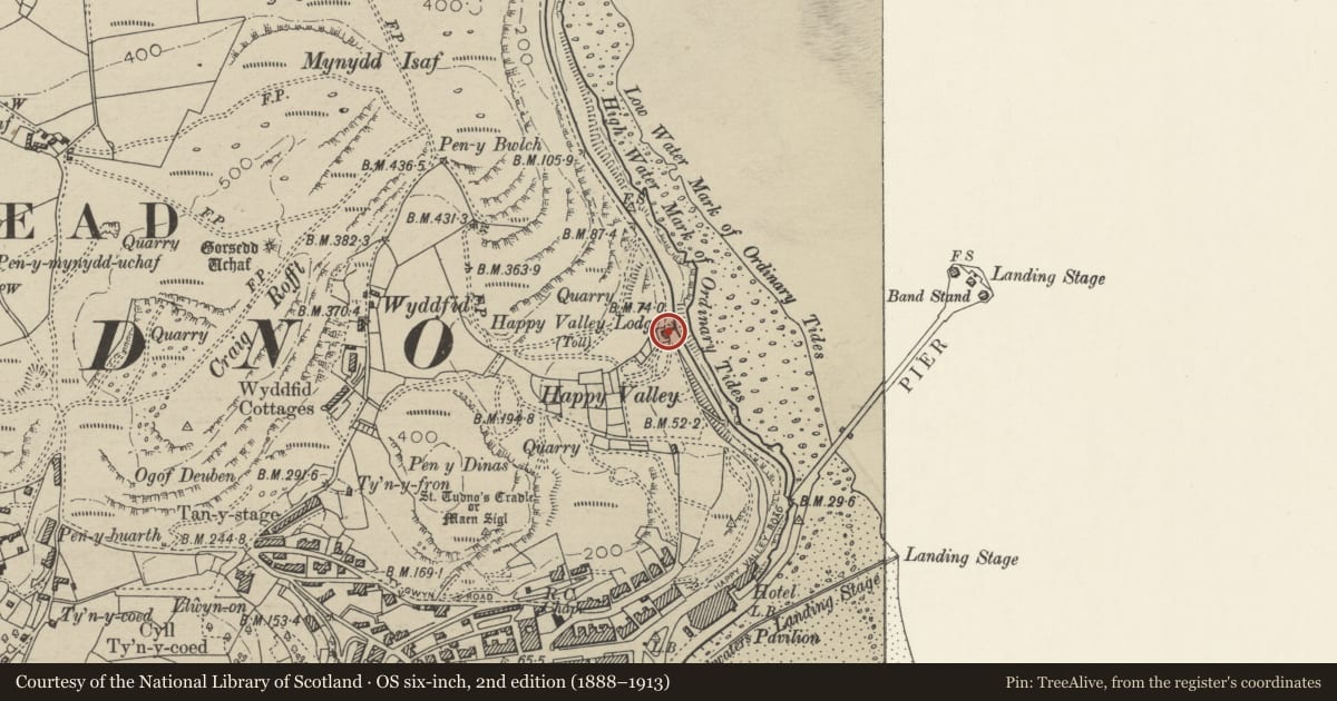 Ordnance Survey six-inch map, 2nd edition (1888–1913) covering the location of Happy Valley Toll Office, Llandudno, Conwy, with a pin at the register's coordinates