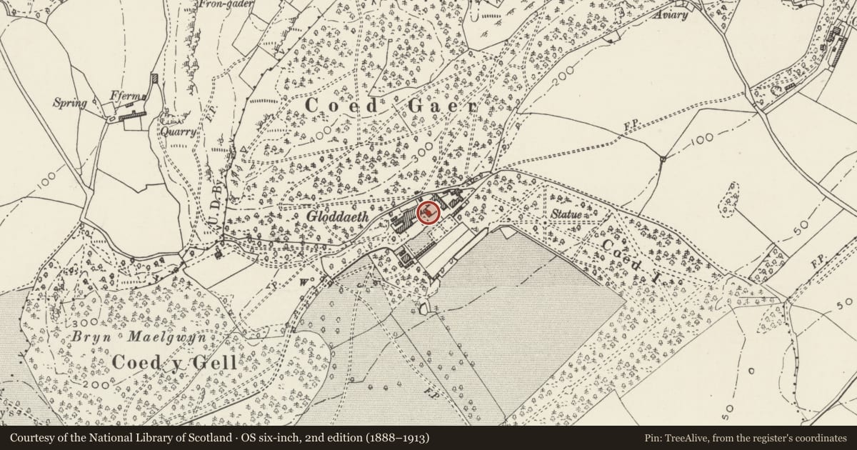 Ordnance Survey six-inch map, 2nd edition (1888–1913) covering the location of Cadogan Centre at Gloddaeth Hall, Llandudno, Conwy, with a pin at the register's coordinates