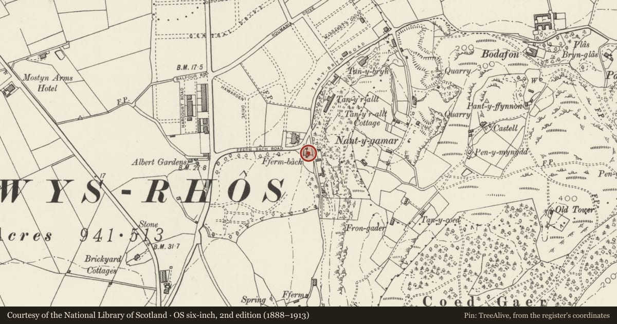 Ordnance Survey six-inch map, 2nd edition (1888–1913) covering the location of Outbuilding Range at North Wales Medical Centre, Llandudno, Conwy, with a pin at the register's coordinates