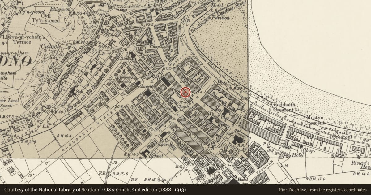 Ordnance Survey six-inch map, 2nd edition (1888–1913) covering the location of Burger King, Llandudno, Conwy, with a pin at the register's coordinates