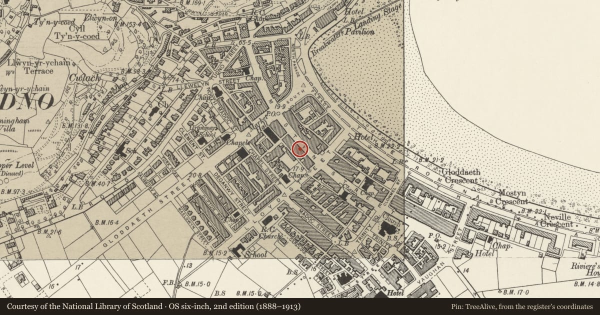 Ordnance Survey six-inch map, 2nd edition (1888–1913) covering the location of 74 Mostyn Street, Llandudno, Conwy, with a pin at the register's coordinates