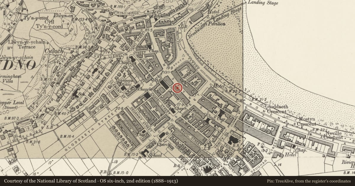 Ordnance Survey six-inch map, 2nd edition (1888–1913) covering the location of 80 Mostyn Street, Llandudno, Conwy, with a pin at the register's coordinates