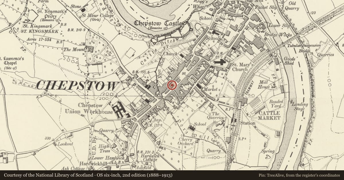 Ordnance Survey six-inch map, 2nd edition (1888–1913) covering the location of Former Lloyds Bank Chambers, Chepstow, Monmouthshire, with a pin at the register's coordinates
