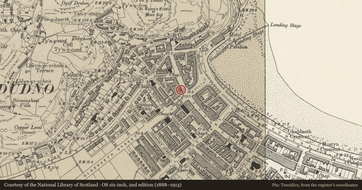 Ordnance Survey six-inch map, 2nd edition (1888–1913) covering the location of 100 Mostyn Street, Llandudno, Conwy, with a pin at the register's coordinates