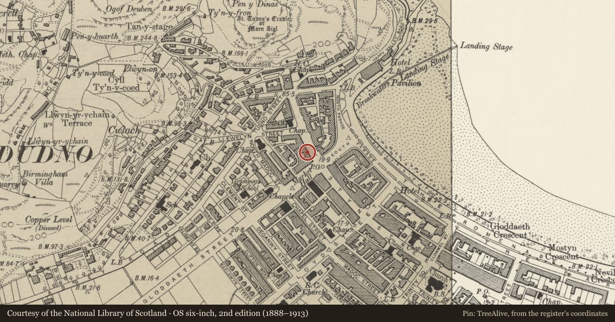 Ordnance Survey six-inch map, 2nd edition (1888–1913) covering the location of 102-104, Llandudno, Conwy, with a pin at the register's coordinates