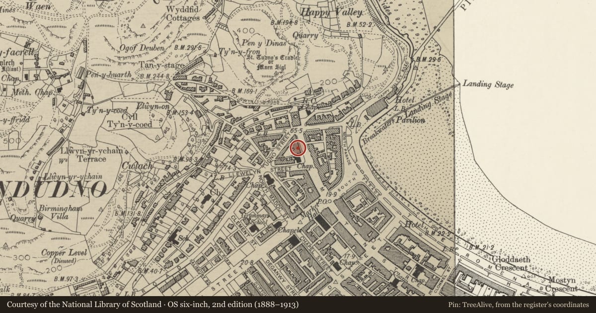 Ordnance Survey six-inch map, 2nd edition (1888–1913) covering the location of 120 Mostyn Street, Llandudno, Conwy, with a pin at the register's coordinates