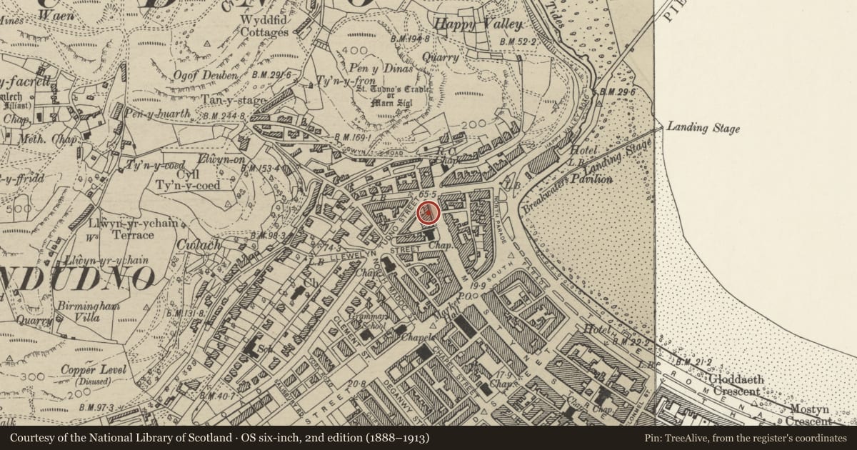 Ordnance Survey six-inch map, 2nd edition (1888–1913) covering the location of 124 Mostyn Street, Llandudno, Conwy, with a pin at the register's coordinates
