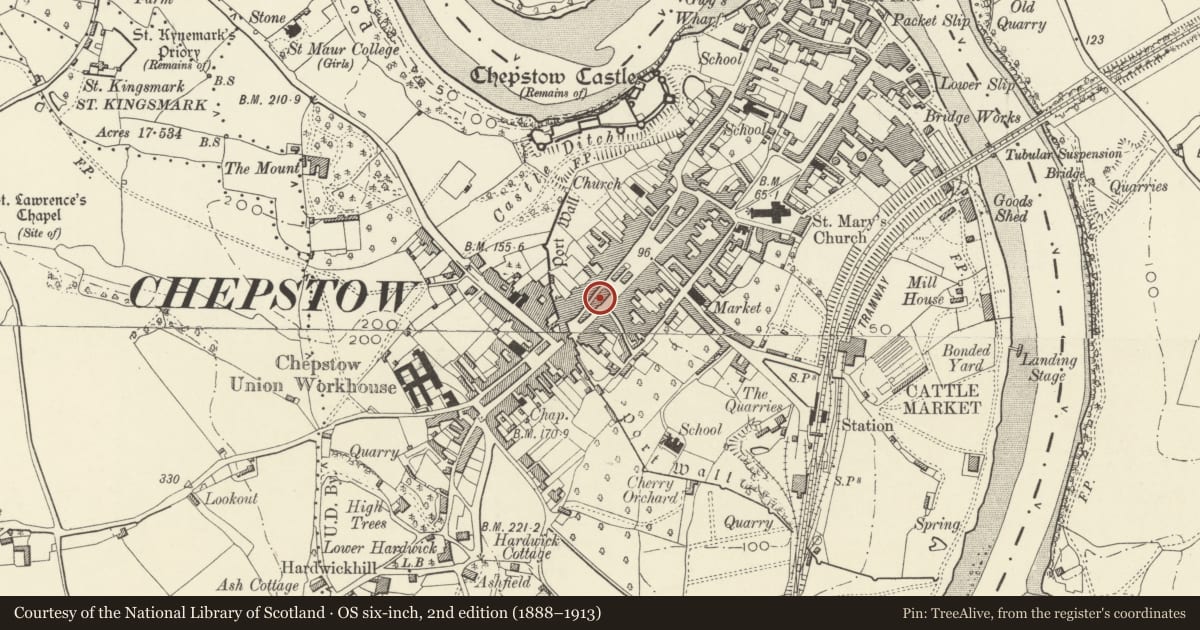 Ordnance Survey six-inch map, 2nd edition (1888–1913) covering the location of 24&25 High Street, Chepstow, Monmouthshire, with a pin at the register's coordinates