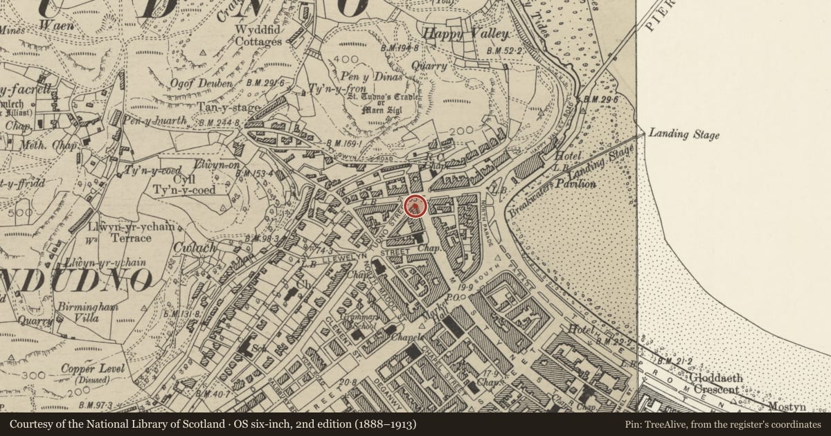 Ordnance Survey six-inch map, 2nd edition (1888–1913) covering the location of 130 Mostyn Street, Llandudno, Conwy, with a pin at the register's coordinates