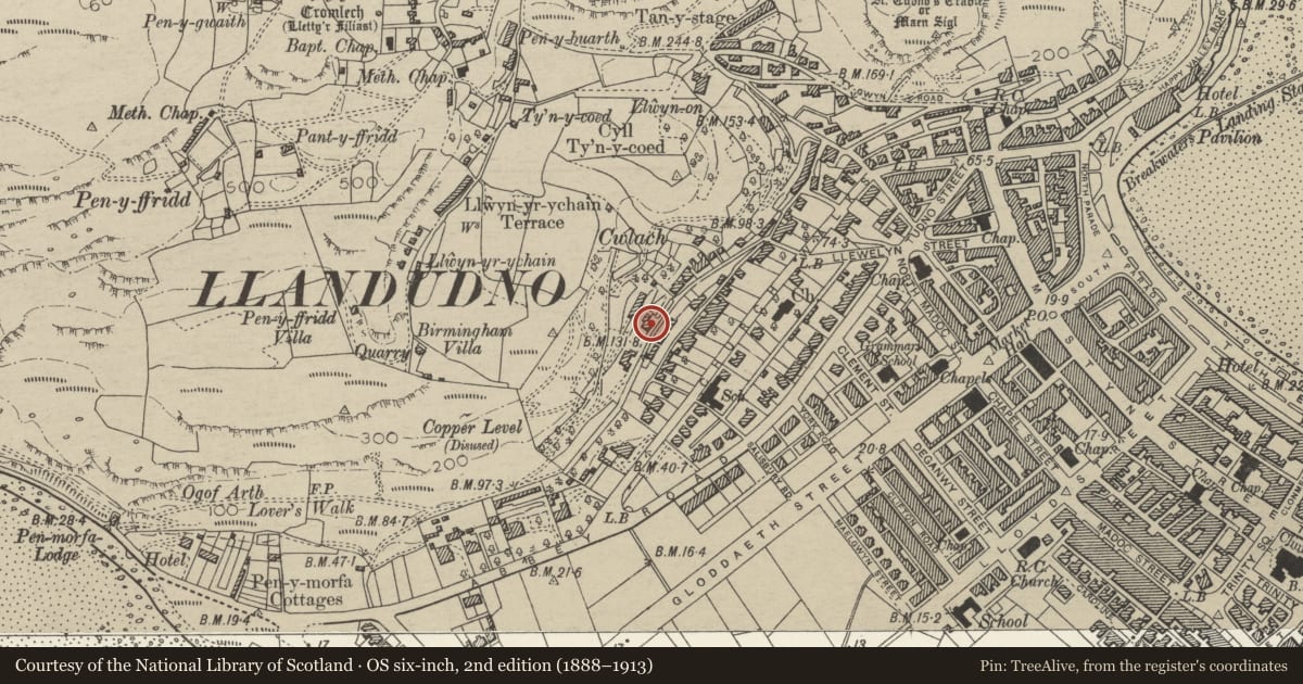 Ordnance Survey six-inch map, 2nd edition (1888–1913) covering the location of Haulfre Tea Rooms, Llandudno, Conwy, with a pin at the register's coordinates