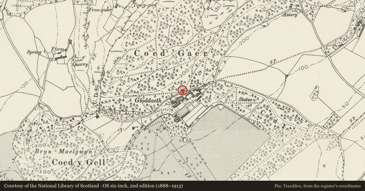 Ordnance Survey six-inch map, 2nd edition (1888–1913) covering the location of Water Tower at Gloddaeth Hall, Llandudno, Conwy, with a pin at the register's coordinates