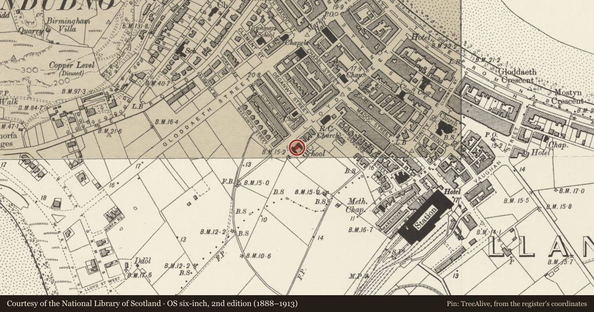 Ordnance Survey six-inch map, 2nd edition (1888–1913) covering the location of School, Llandudno, Conwy, with a pin at the register's coordinates