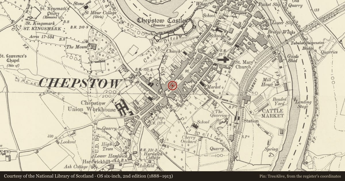 Ordnance Survey six-inch map, 2nd edition (1888–1913) covering the location of 26&26a, Chepstow, Monmouthshire, with a pin at the register's coordinates