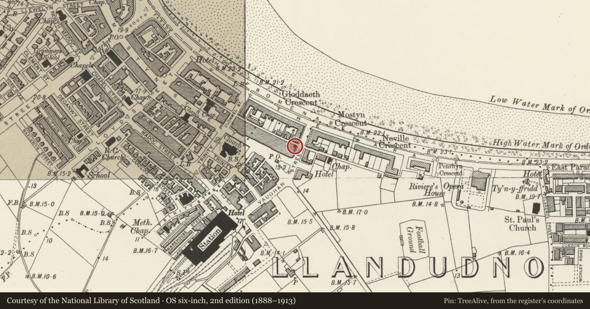 Ordnance Survey six-inch map, 2nd edition (1888–1913) covering the location of 23 Vaughan Street, Llandudno, Conwy, with a pin at the register's coordinates