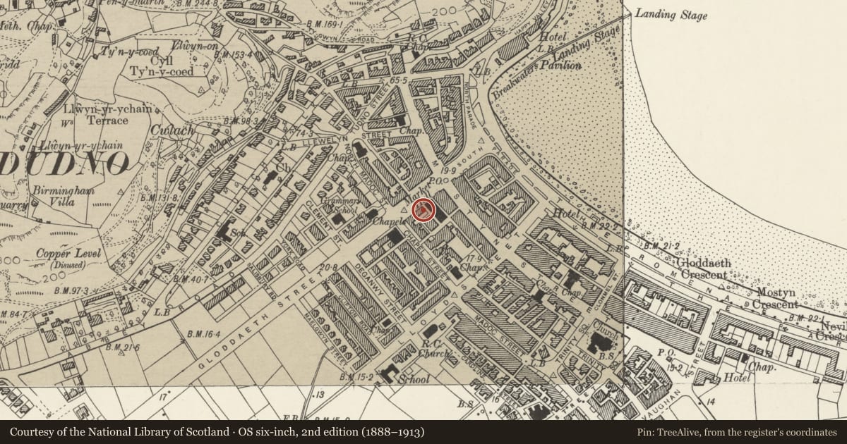 Ordnance Survey six-inch map, 2nd edition (1888–1913) covering the location of Milton House, including verandah, Llandudno, Conwy, with a pin at the register's coordinates