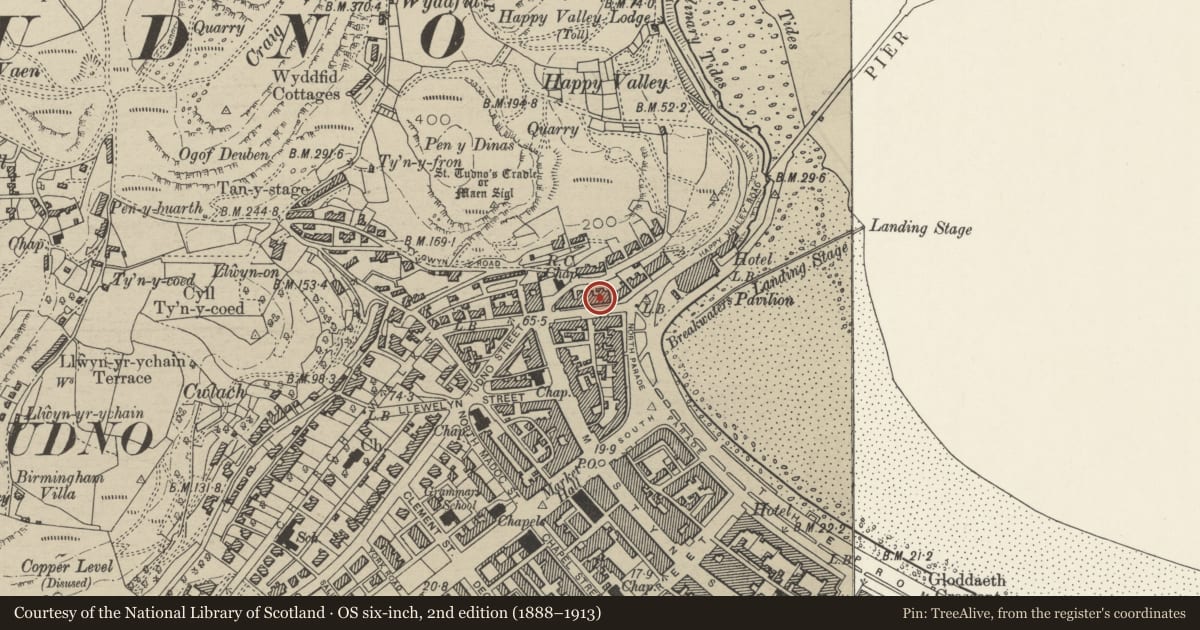 Ordnance Survey six-inch map, 2nd edition (1888–1913) covering the location of Beach House, Llandudno, Conwy, with a pin at the register's coordinates