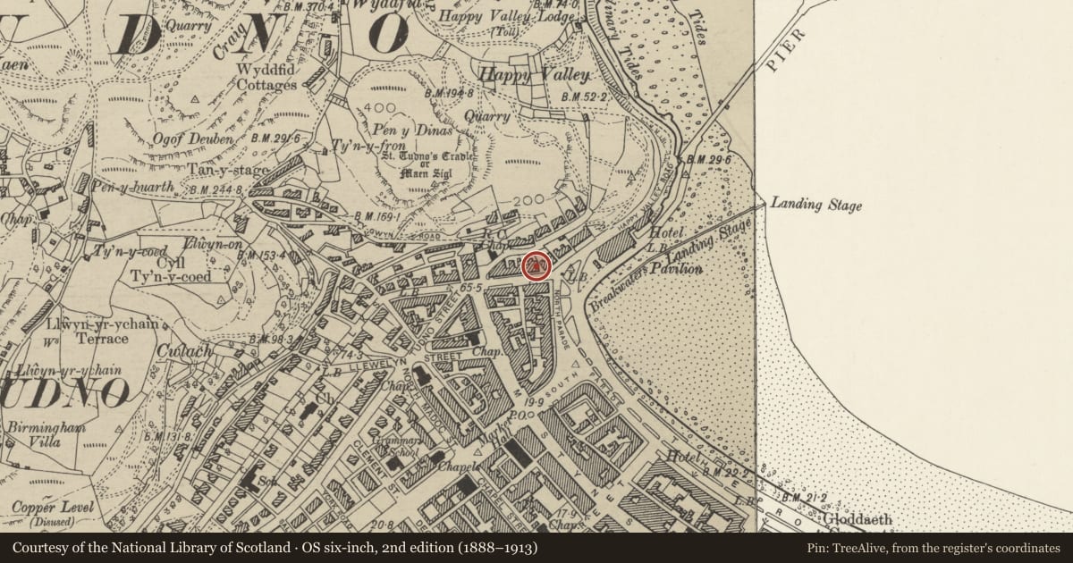 Ordnance Survey six-inch map, 2nd edition (1888–1913) covering the location of Rothesay Hotel, Llandudno, Conwy, with a pin at the register's coordinates