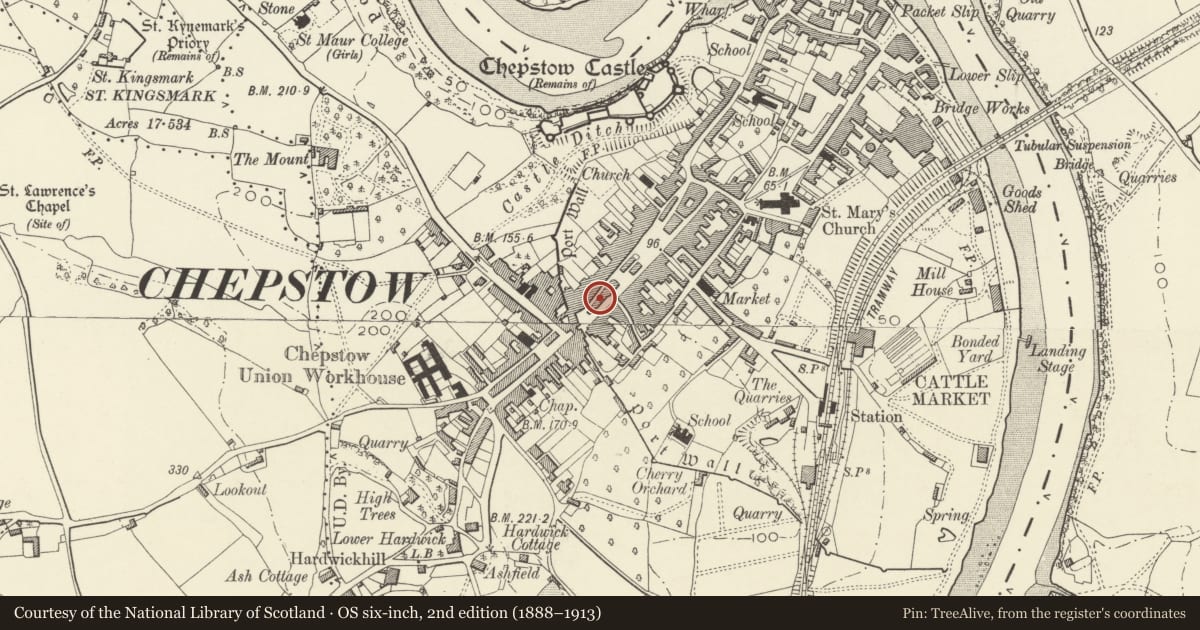 Ordnance Survey six-inch map, 2nd edition (1888–1913) covering the location of 27 High Street, Chepstow, Monmouthshire, with a pin at the register's coordinates