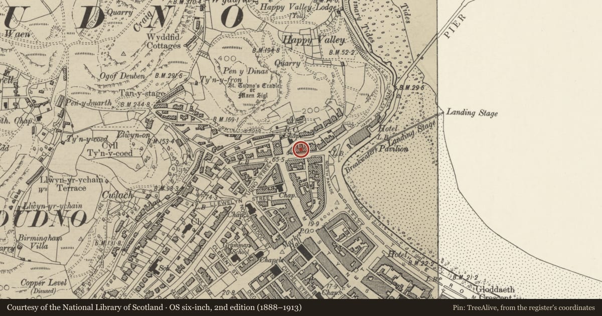 Ordnance Survey six-inch map, 2nd edition (1888–1913) covering the location of 78 Church Walks, Llandudno, Conwy, with a pin at the register's coordinates