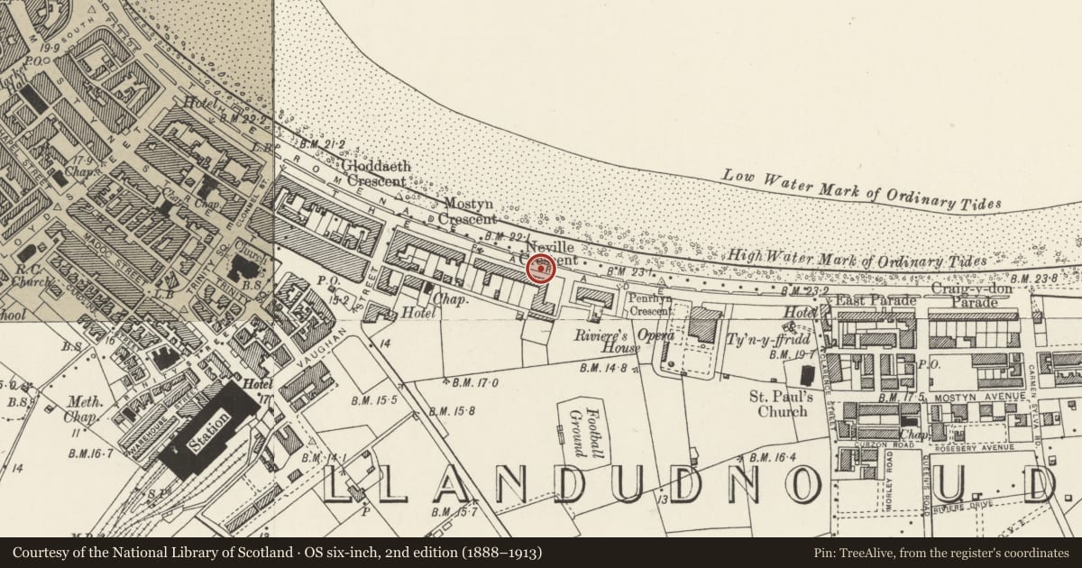 Ordnance Survey six-inch map, 2nd edition (1888–1913) covering the location of Pillar Box, Neville Crescent, Llandudno, Conwy, with a pin at the register's coordinates