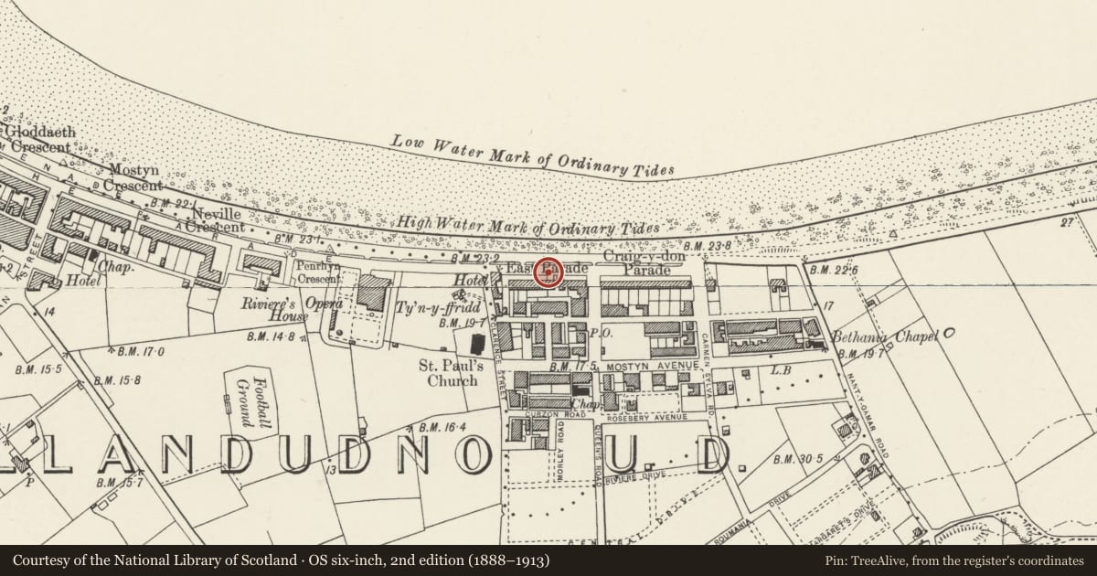 Ordnance Survey six-inch map, 2nd edition (1888–1913) covering the location of Pillar Box, East Parade, Llandudno, Conwy, with a pin at the register's coordinates