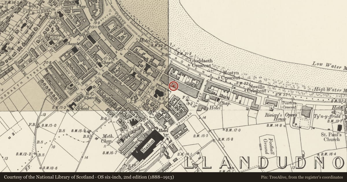 Ordnance Survey six-inch map, 2nd edition (1888–1913) covering the location of 31 Mostyn Street, Llandudno, Conwy, with a pin at the register's coordinates