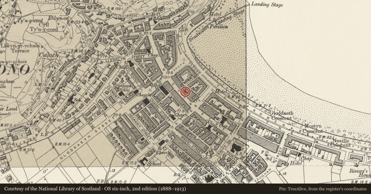 Ordnance Survey six-inch map, 2nd edition (1888–1913) covering the location of Part of Clare's, Llandudno, Conwy, with a pin at the register's coordinates