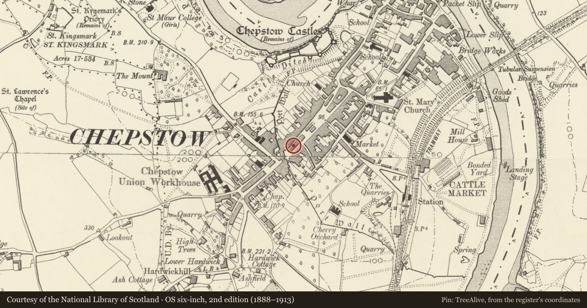 Ordnance Survey six-inch map, 2nd edition (1888–1913) covering the location of 28&28a, Chepstow, Monmouthshire, with a pin at the register's coordinates