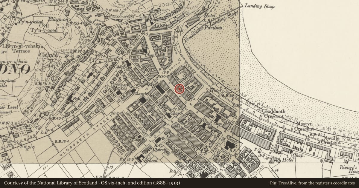 Ordnance Survey six-inch map, 2nd edition (1888–1913) covering the location of Nos.99 & 101, Llandudno, Conwy, with a pin at the register's coordinates