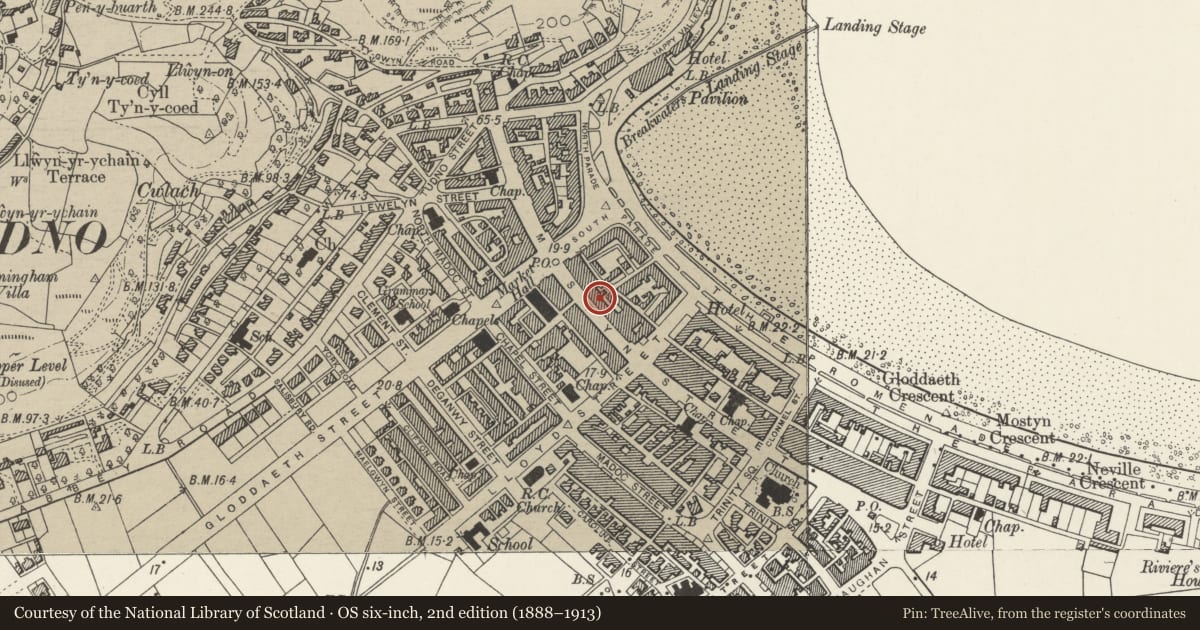 Ordnance Survey six-inch map, 2nd edition (1888–1913) covering the location of Yorkshire Building Society, Llandudno, Conwy, with a pin at the register's coordinates