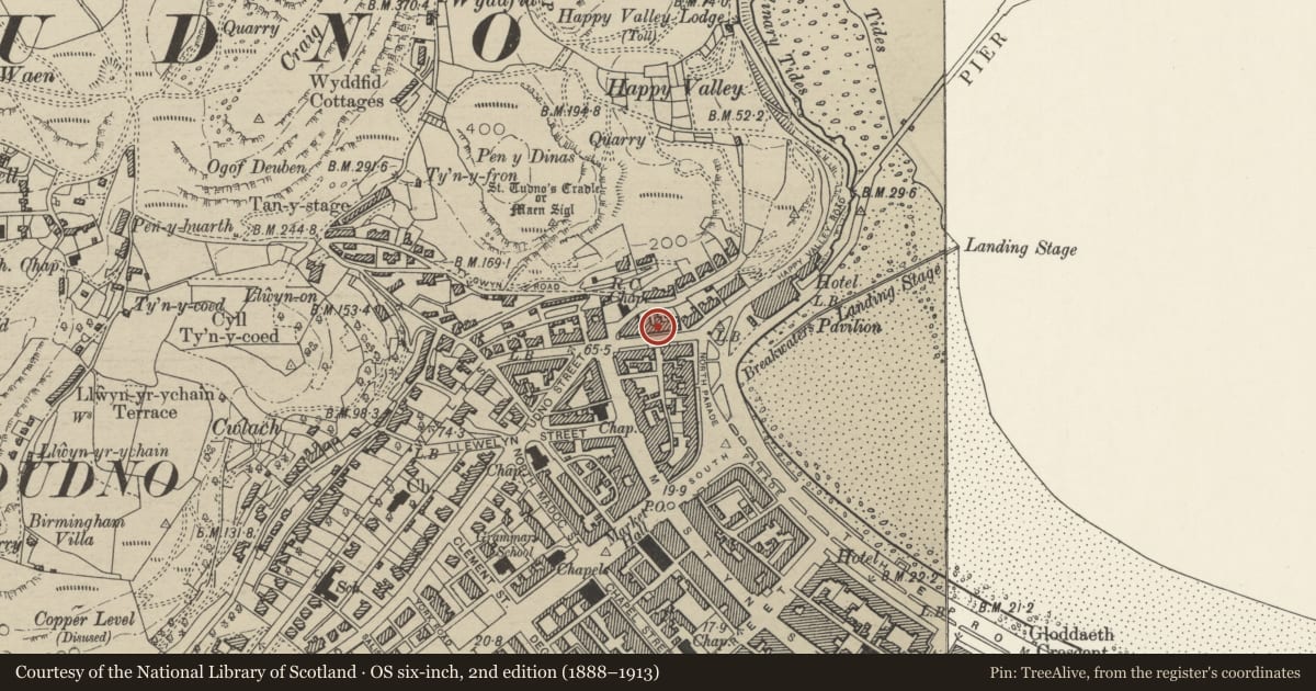 Ordnance Survey six-inch map, 2nd edition (1888–1913) covering the location of 80 Church Walks, Llandudno, Conwy, with a pin at the register's coordinates