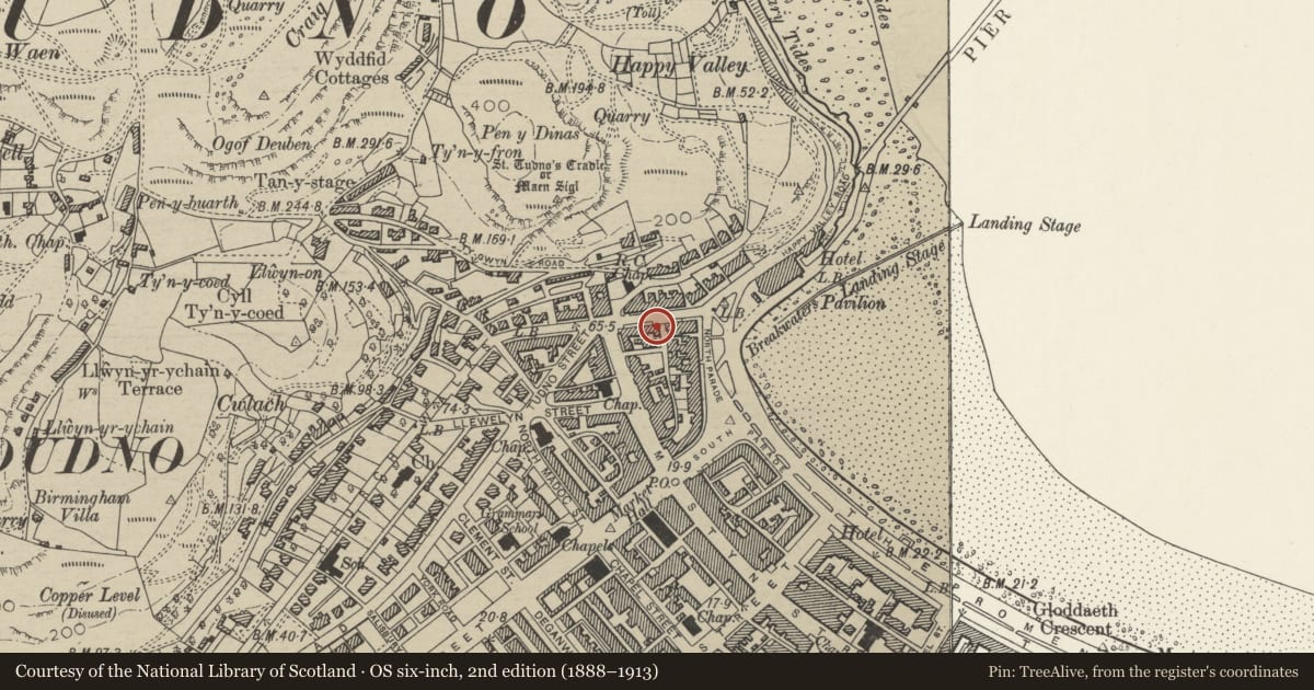 Ordnance Survey six-inch map, 2nd edition (1888–1913) covering the location of Queen Victoria PH, Llandudno, Conwy, with a pin at the register's coordinates