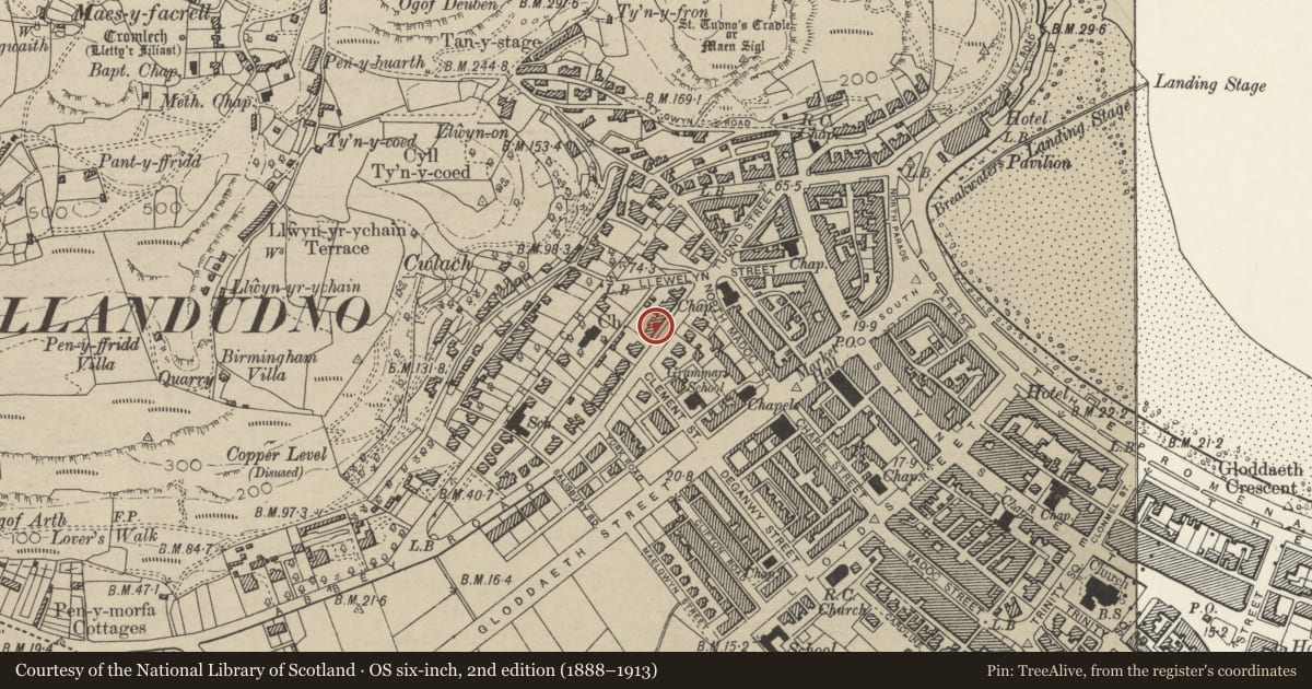 Ordnance Survey six-inch map, 2nd edition (1888–1913) covering the location of 14 Abbey Road, Llandudno, Conwy, with a pin at the register's coordinates