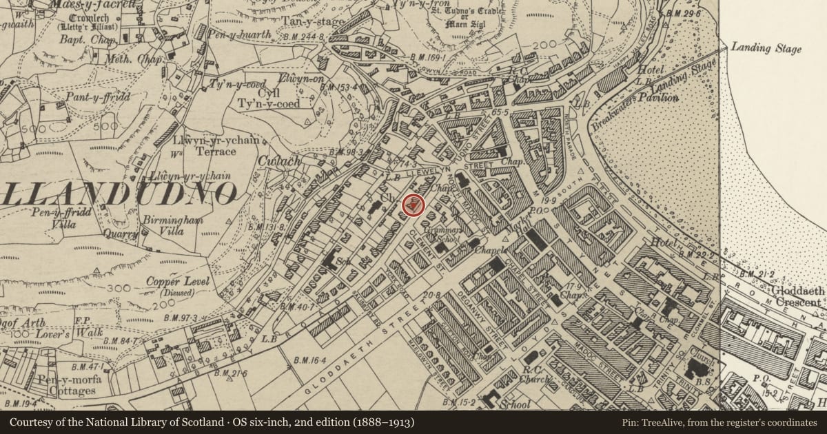 Ordnance Survey six-inch map, 2nd edition (1888–1913) covering the location of 16 Abbey Road, Llandudno, Conwy, with a pin at the register's coordinates
