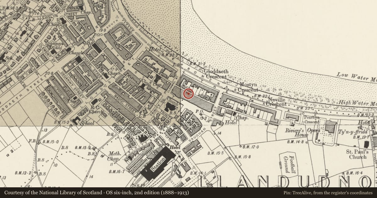 Ordnance Survey six-inch map, 2nd edition (1888–1913) covering the location of 5 Bodafon Street, Llandudno, Conwy, with a pin at the register's coordinates